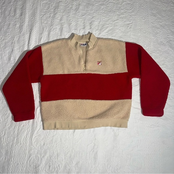 Fila Woman's Pullover Sweater Red & Beige / Tan Sherpa Size Medium Quarter Zip - Picture 2 of 11